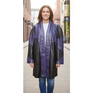 Vintage TOWER HILL Lined Purple and Black Cardigan Leather Swing Coat Ladies Med